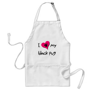 I Love My Black Pug Paw Print on Pink Heart Adult Apron