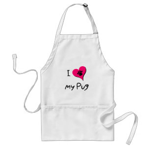 I Love My Black Pug Paw Print on Pink Heart Adult Apron