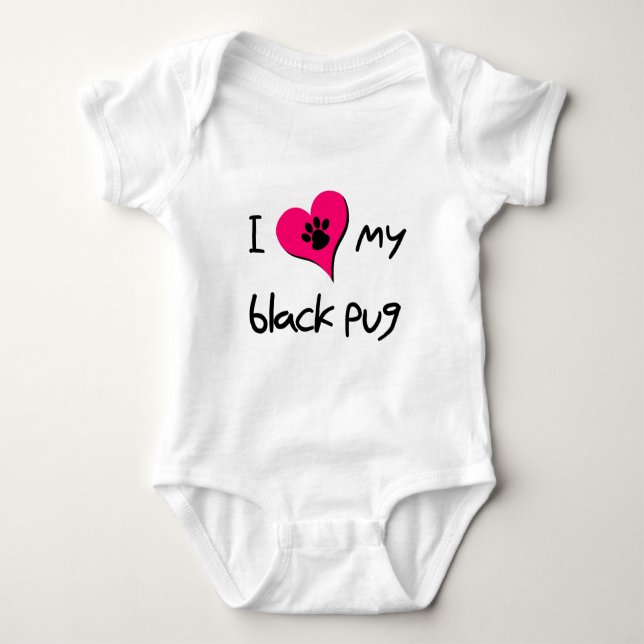 I Love My Black Pug Paw Print on Pink Heart Baby Bodysuit (Front)