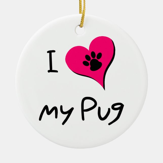 I Love My Black Pug Paw Print on Pink Heart Ceramic Ornament (Front)