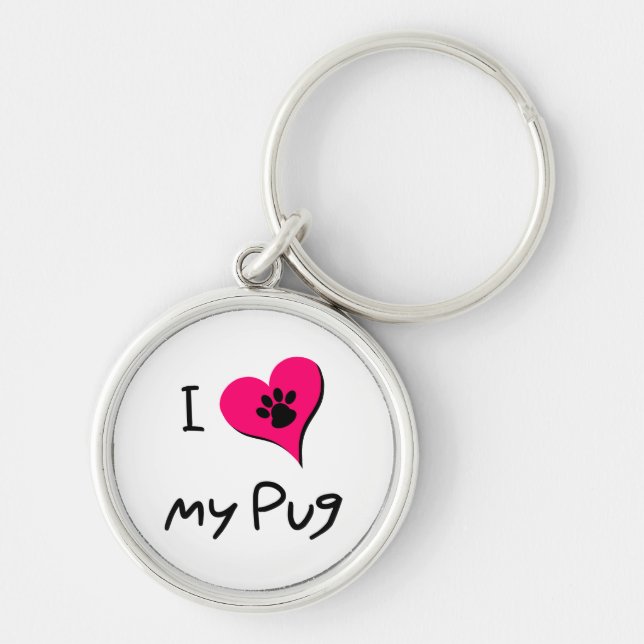 I Love My Black Pug Paw Print on Pink Heart Keychain (Front)