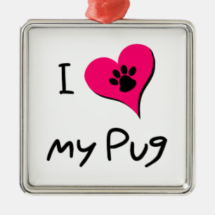 I Love My Black Pug Paw Print on Pink Heart Metal Ornament