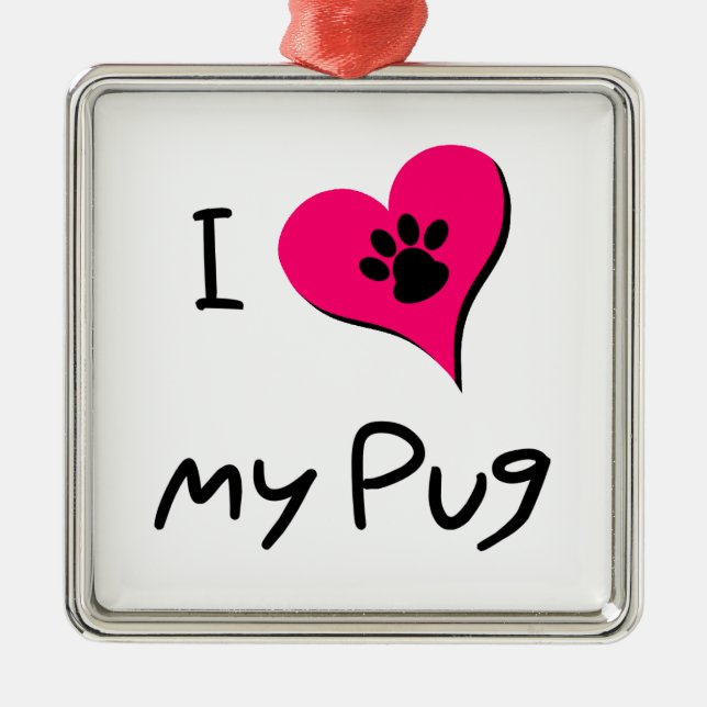 I Love My Black Pug Paw Print on Pink Heart Metal Ornament (Front)