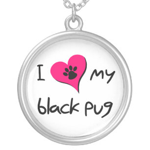 I Love My Black Pug Paw Print on Pink Heart Silver Plated Necklace