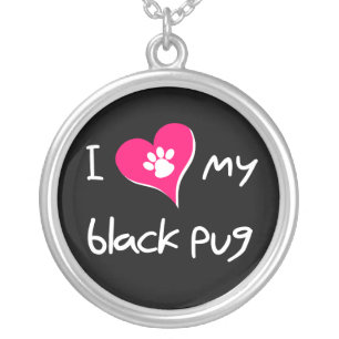 I Love My Black Pug Paw Print on Pink Heart Silver Plated Necklace