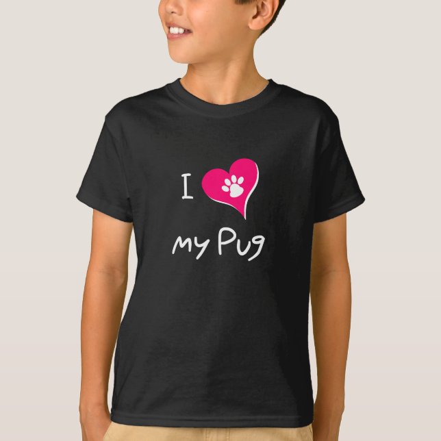 I Love My Black Pug Paw Print on Pink Heart T-Shirt (Front)