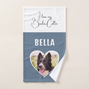 I love my Border Collie Dog Photo in Heart Name Hand Towel