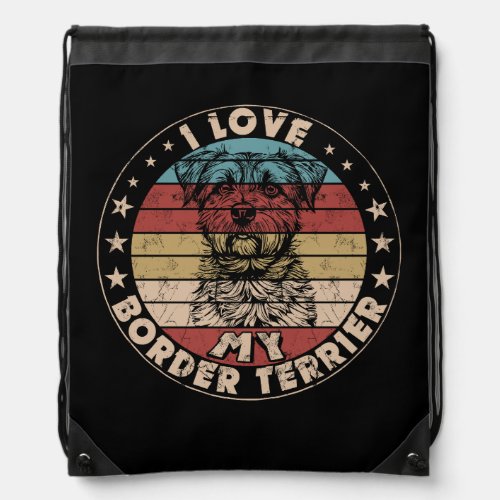 I Love My Border Terrier Vintage Retro Puppy Dog L Drawstring Bag