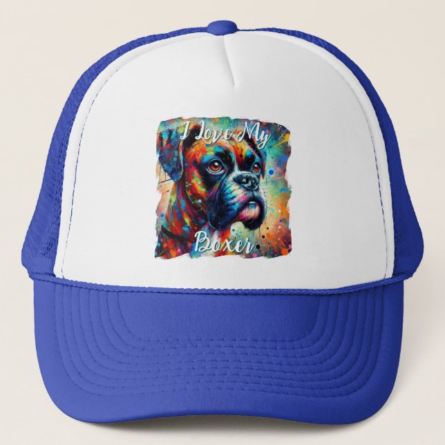 I Love My Boxer Pop Art Dog Personalized Trucker Hat (Front)