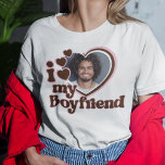 I Love My Boyfriend Photo Pink Brown T-Shirt<br><div class="desc">Looking for a unique and romantic gift? Look no further than this custom I Love My Boyrfriend photo shirt! Simply upload a photo of yourself, and Zazzle will print it onto a shirt for you. This shirt is perfect for anniversaries, Valentine's Day, or any other special occasion. Order yours today!...</div>