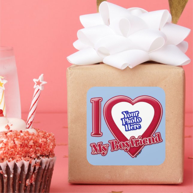 I Love My Boyfriend Photo Red Heart Baby Blue Square Sticker (Party)