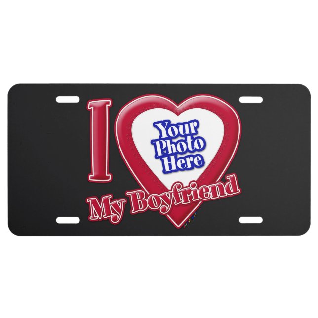 I Love My Boyfriend Photo Red Heart Black License Plate (Front)