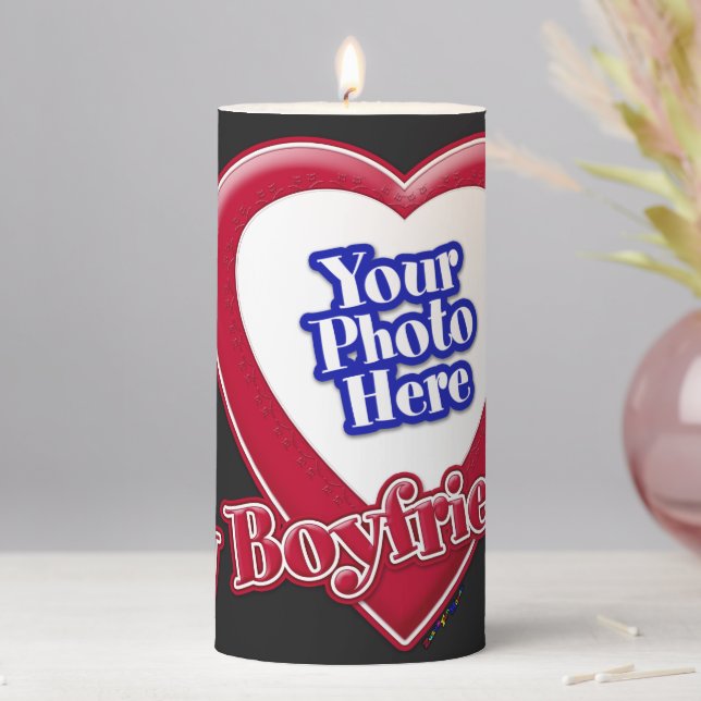 I Love My Boyfriend Photo Red Heart Black Pillar Candle (In Situ)