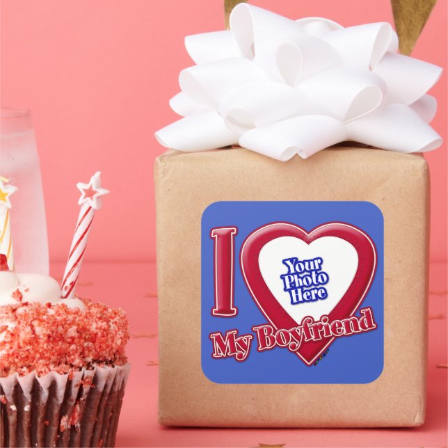 I Love My Boyfriend Photo Red Heart D R Blue Square Sticker (Party)