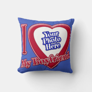 I Love My Boyfriend Photo Red Heart D R Blue Throw Pillow