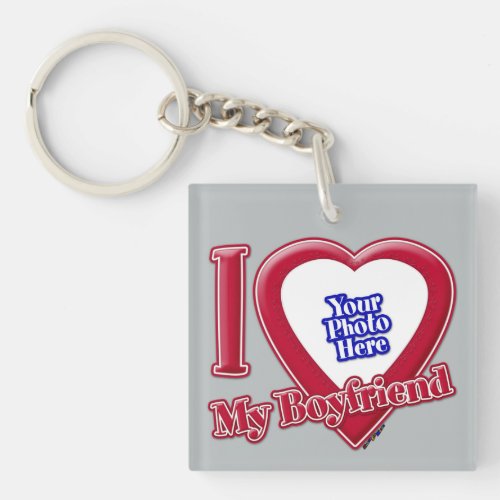 I Love My Boyfriend Photo Red Heart Grey Keychain