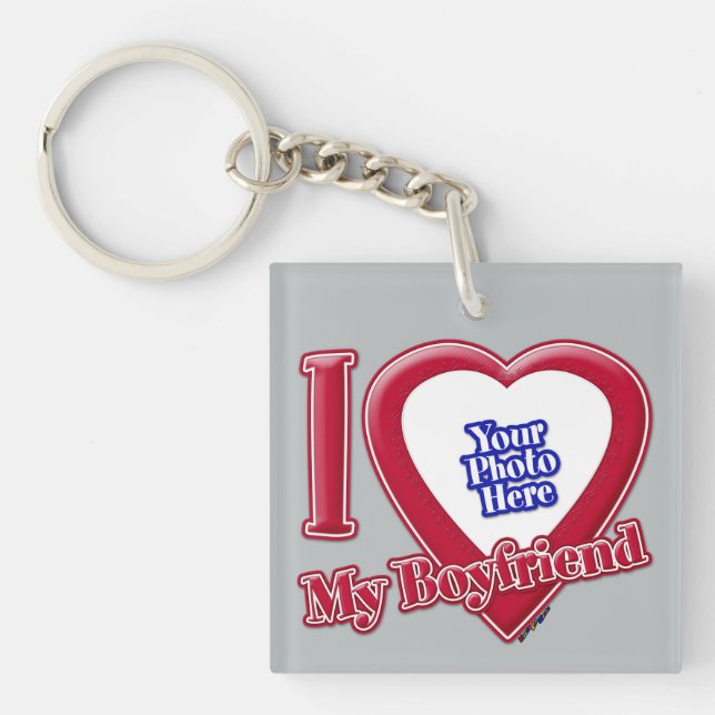 I Love My Boyfriend Photo Red Heart Grey Keychain (Front)