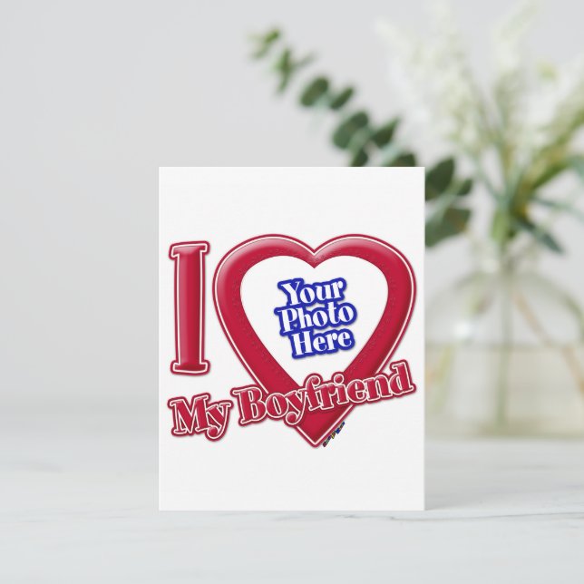 I Love My Boyfriend Photo Red Heart Holiday Card (Standing Front)