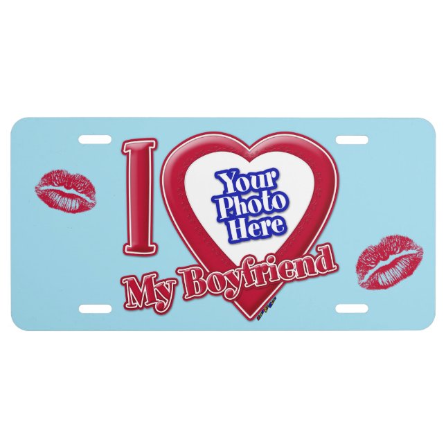I Love My Boyfriend Photo Red Heart Kiss Blue Hori License Plate (Front)
