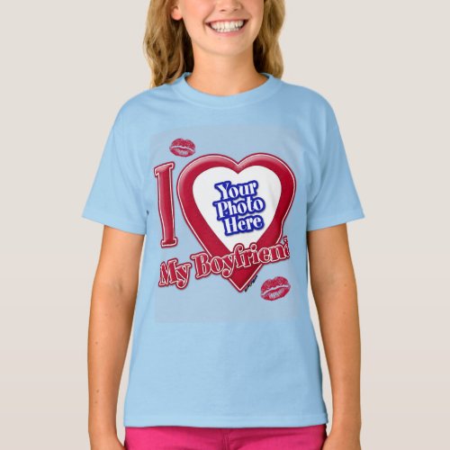 I Love My Boyfriend Photo Red Heart Kiss Light Blu T_Shirt