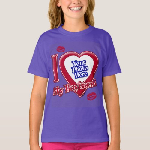 I Love My Boyfriend Photo Red Heart Kiss Purple T_Shirt