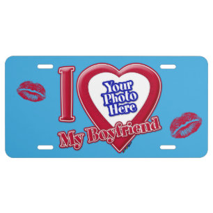 I Love My Boyfriend Photo Red Heart Kiss Teal License Plate