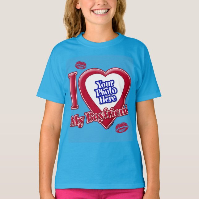 I Love My Boyfriend Photo Red Heart Kiss Teal T-Shirt (Front)