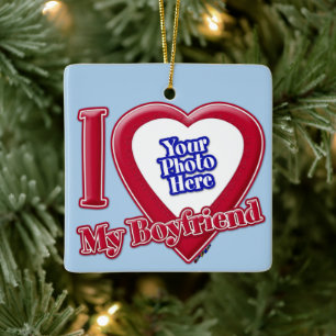 I Love My Boyfriend Photo Red Heart Light Blue Ceramic Ornament