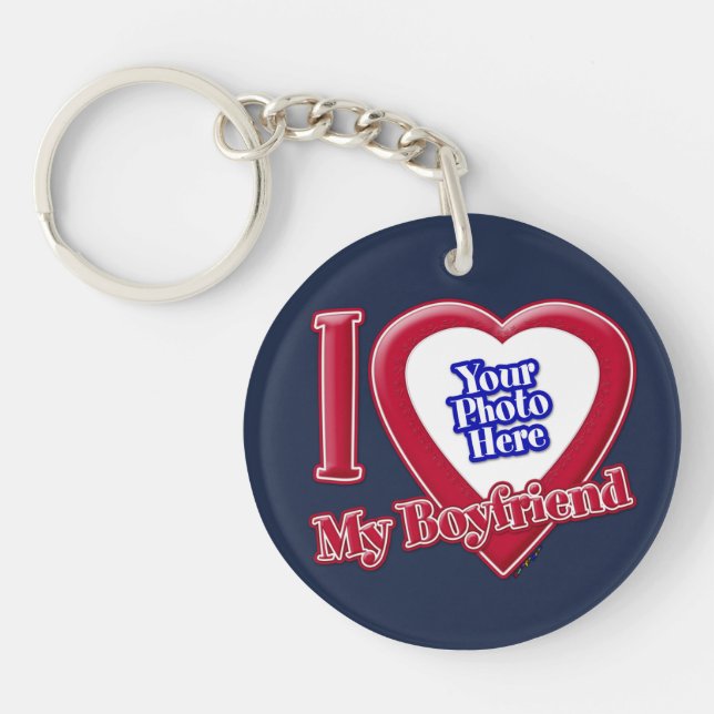 I Love My Boyfriend Photo Red Heart Navy Blue Keychain (Front)