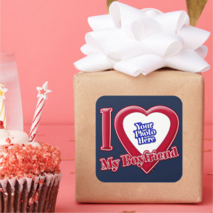 I Love My Boyfriend Photo Red Heart Navy Blue Square Sticker