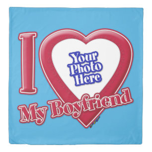 I Love My Boyfriend Photo Red Heart Teal Duvet Cover