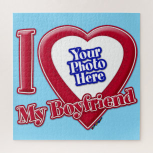 I Love My Boyfriend Photo Red Heart Turquoise Jigsaw Puzzle