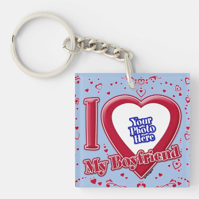 I Love My Boyfriend Photo Red Hearts Baby Blue Keychain (Front)