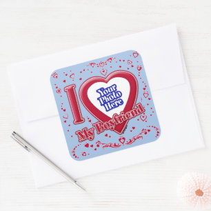 I Love My Boyfriend Photo Red Hearts Baby Blue Square Sticker