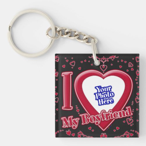 I Love My Boyfriend Photo Red Hearts Black Keychain