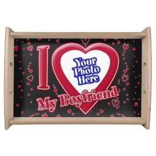 I Love My Boyfriend Photo Red Hearts Black Serving Tray