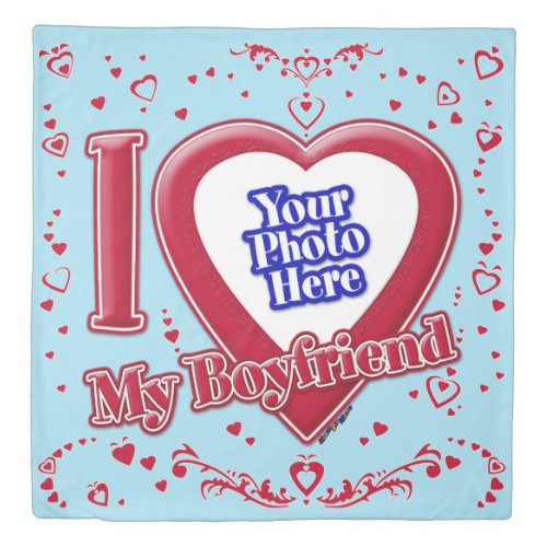 I Love My Boyfriend Photo Red Hearts Blue Horizon Duvet Cover