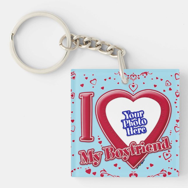 I Love My Boyfriend Photo Red Hearts Blue Horizon Keychain (Front)