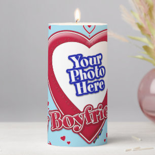 I Love My Boyfriend Photo Red Hearts Blue Horizon Pillar Candle