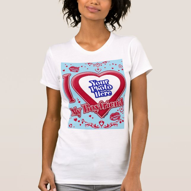 I Love My Boyfriend Photo Red Hearts Blue Horizon  T-Shirt (Front)