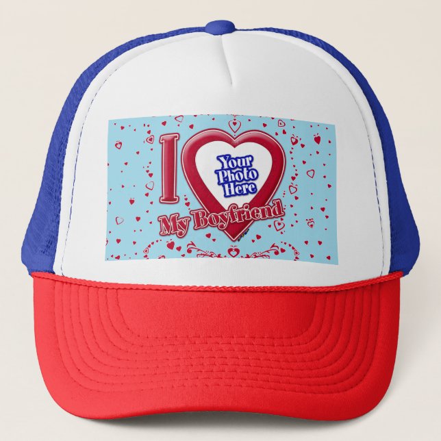 I Love My Boyfriend Photo Red Hearts Blue Horizon  Trucker Hat (Front)