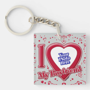 I Love My Boyfriend Photo Red Hearts Grey Keychain