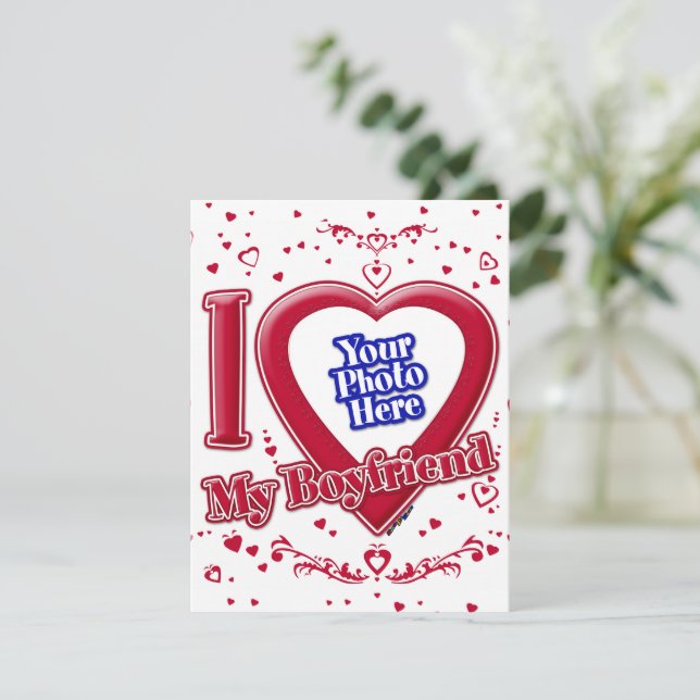 I Love My Boyfriend Photo Red Hearts Holiday Card (Standing Front)