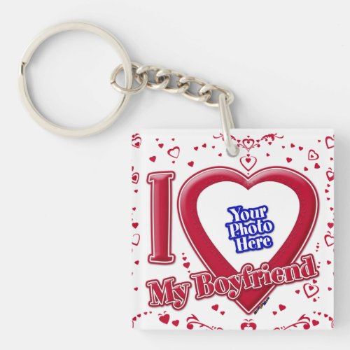 I Love My Boyfriend Photo Red Hearts Keychain