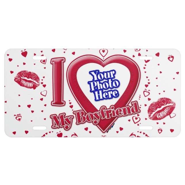 I Love My Boyfriend Photo Red Hearts License Plate (Front)