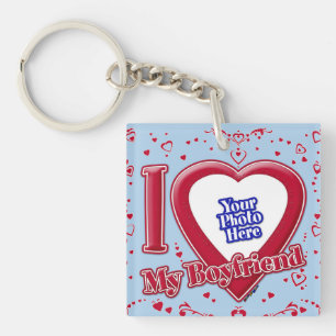 I Love My Boyfriend Photo Red Hearts Light Blue Keychain
