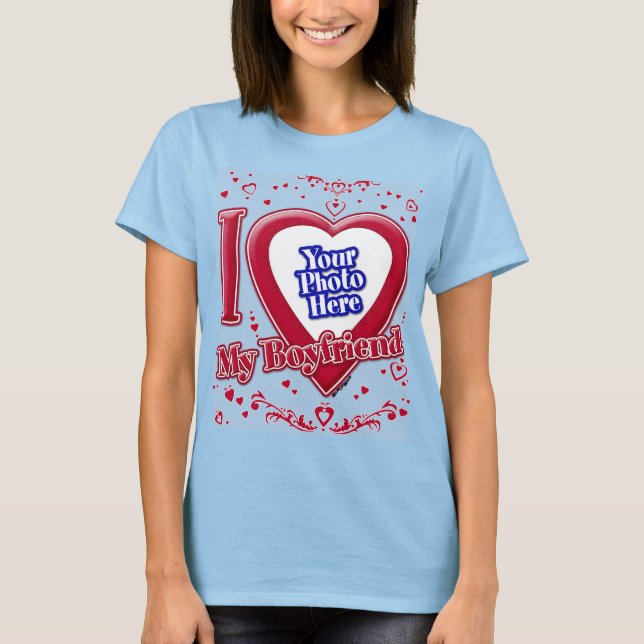 I Love My Boyfriend Photo Red Hearts Light Blue T-Shirt (Front)