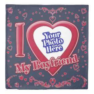 I Love My Boyfriend Photo Red Hearts Navy Duvet Cover