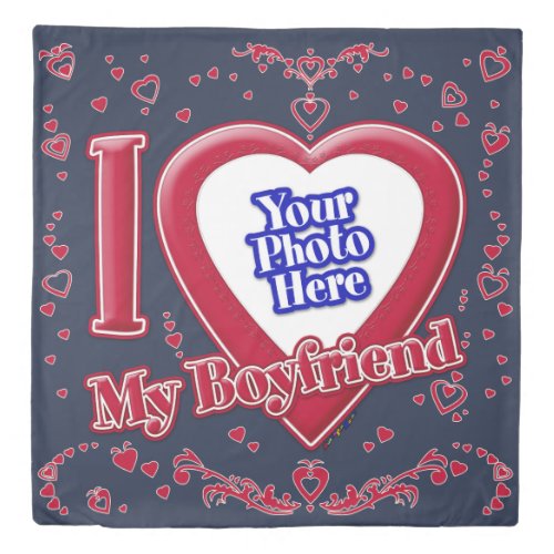 I Love My Boyfriend Photo Red Hearts Navy Duvet Cover