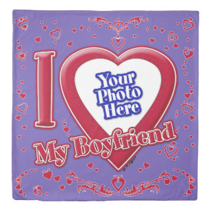I Love My Boyfriend Photo Red Hearts Purple Duvet Cover
